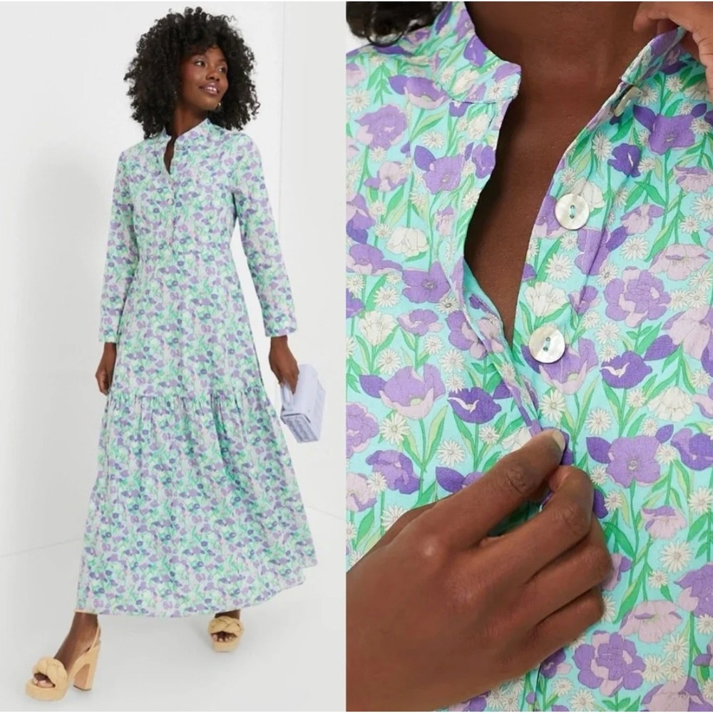 Hyacinth House Aqua Bellflower Floral Maxi Dress Cotton Tiered Long Slv NWT XXS